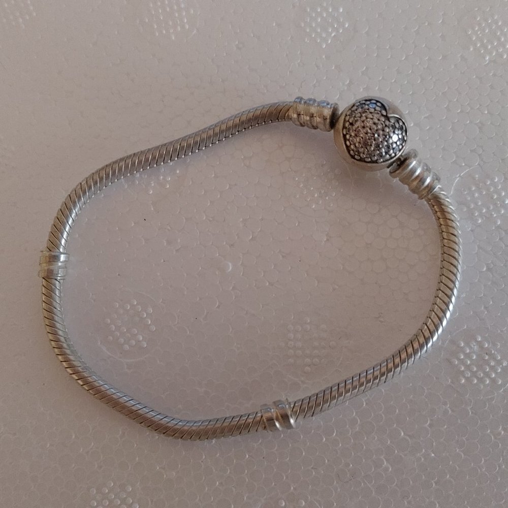 PANDORA Moments Sparkling Heart Clasp Snake Chain Bracelet Silver 6.3"